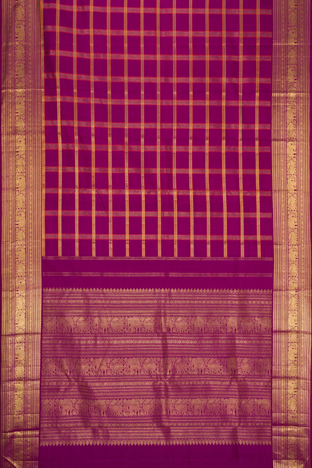 Flat view of Pure Silk Pure Zari Magenta Dual Tone Kanchipuram Saree with Checked design on the body and Zari Border. 