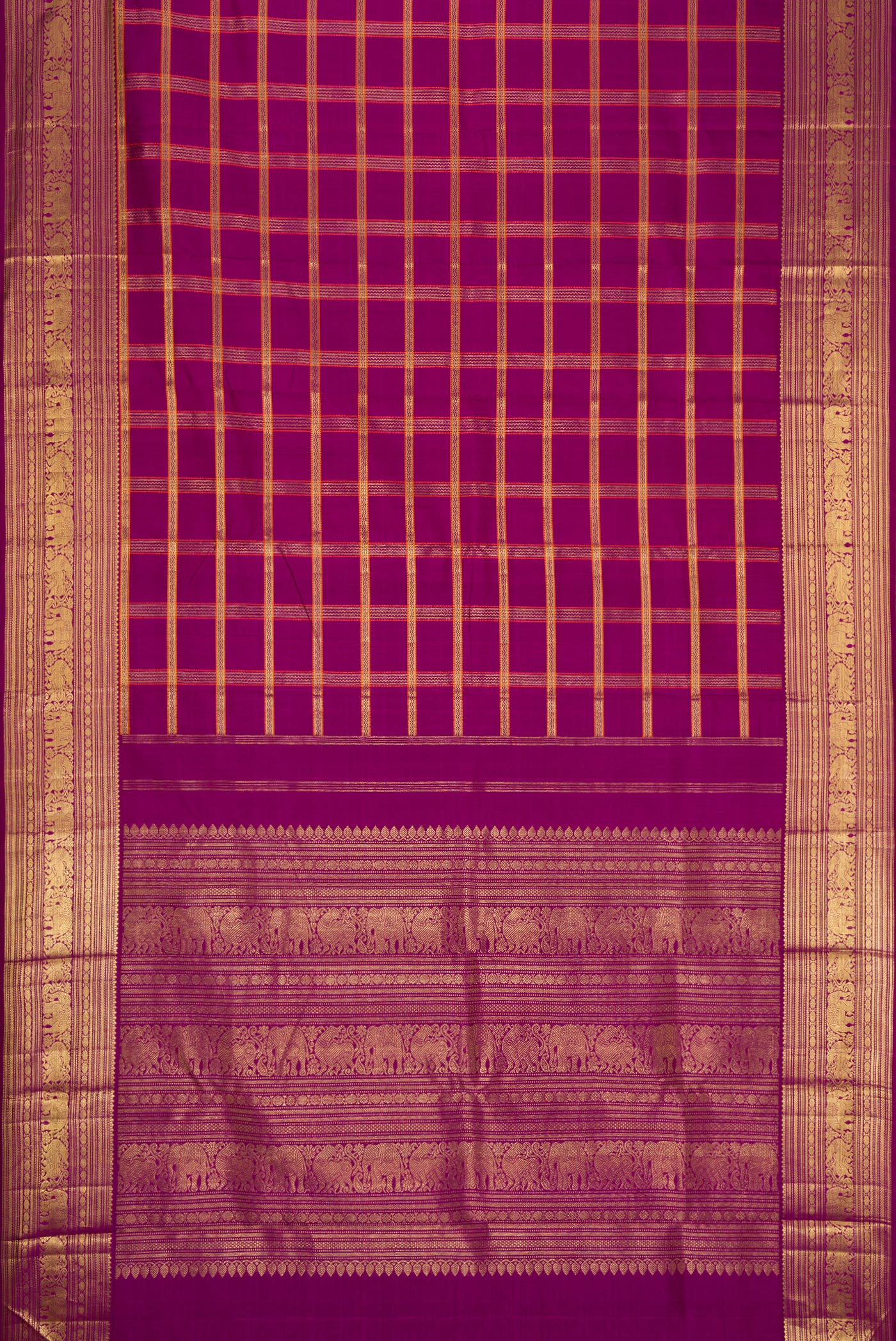 Flat view of Pure Silk Pure Zari Magenta Dual Tone Kanchipuram Saree with Checked design on the body and Zari Border. 
