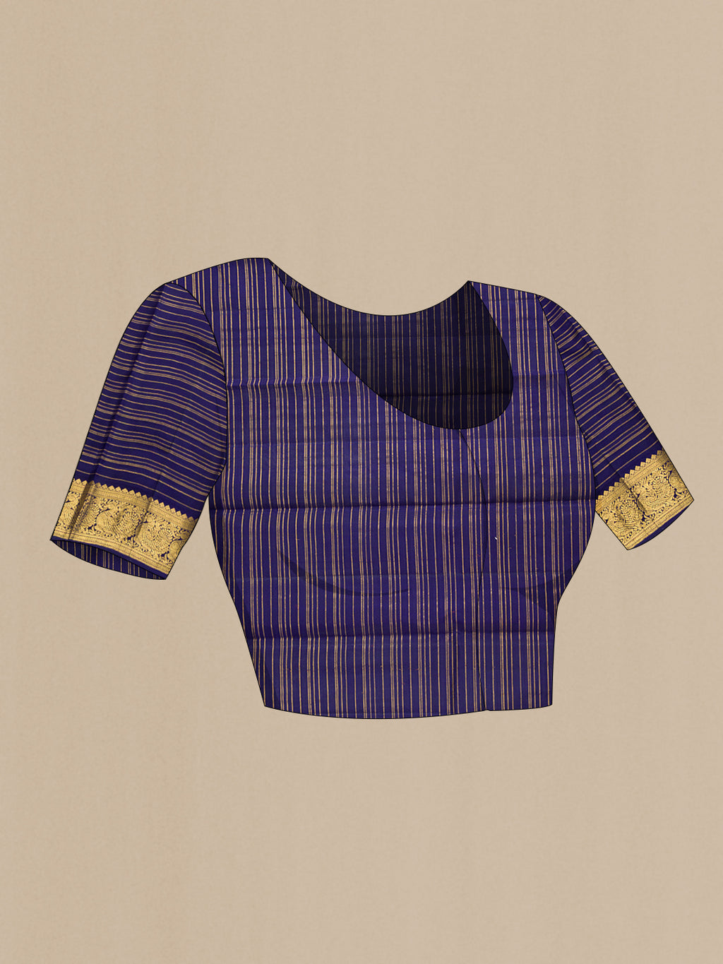 Close up image of the blouse of Lavender Kanchipuram Silk Saree with Stripes on the body and Zari Border. 