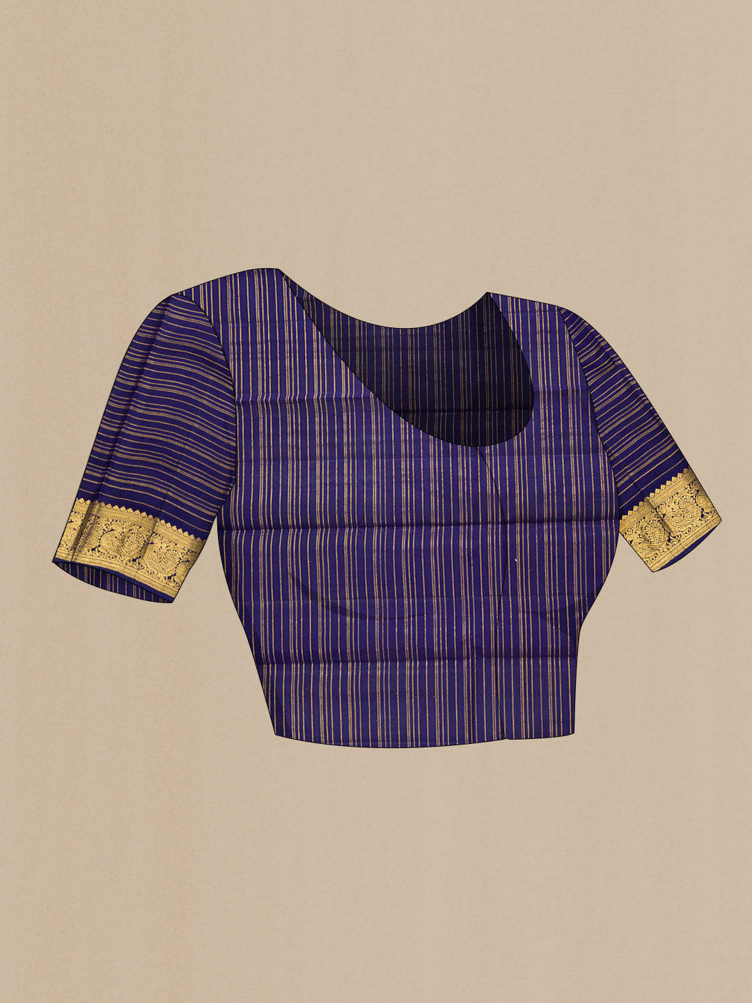 Close up image of the blouse of Lavender Kanchipuram Silk Saree with Stripes on the body and Zari Border. 