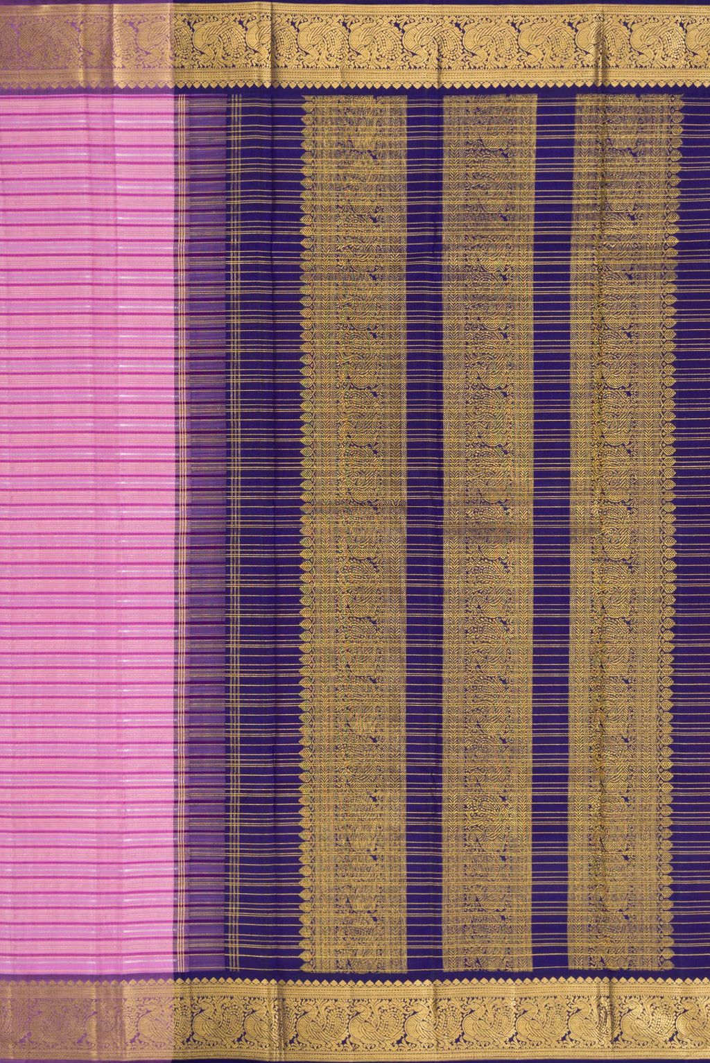 Close up image of the pallu of Lavender Kanchipuram Silk Saree with Stripes on the body and Zari Border. 