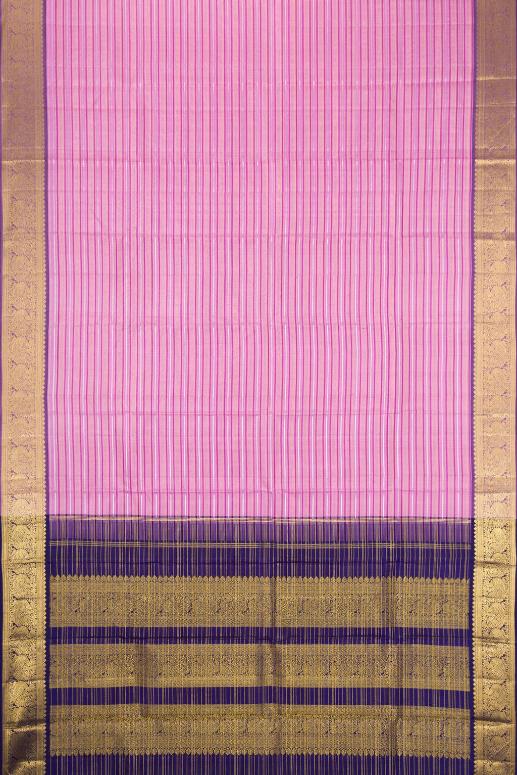 Flat view of Lavender Kanchipuram Silk Saree with Stripes on the body and Zari Border. 