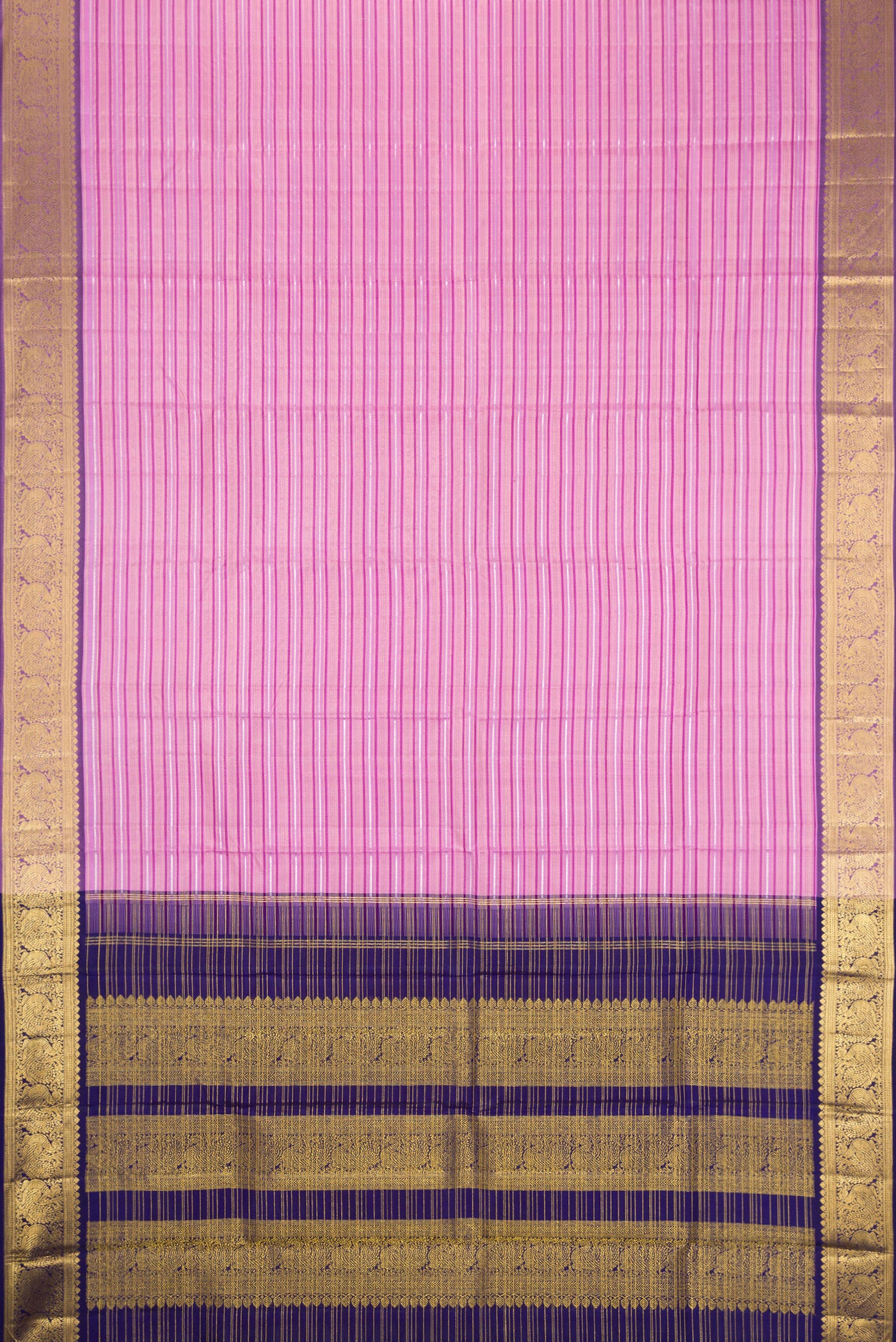 Flat view of Lavender Kanchipuram Silk Saree with Stripes on the body and Zari Border. 