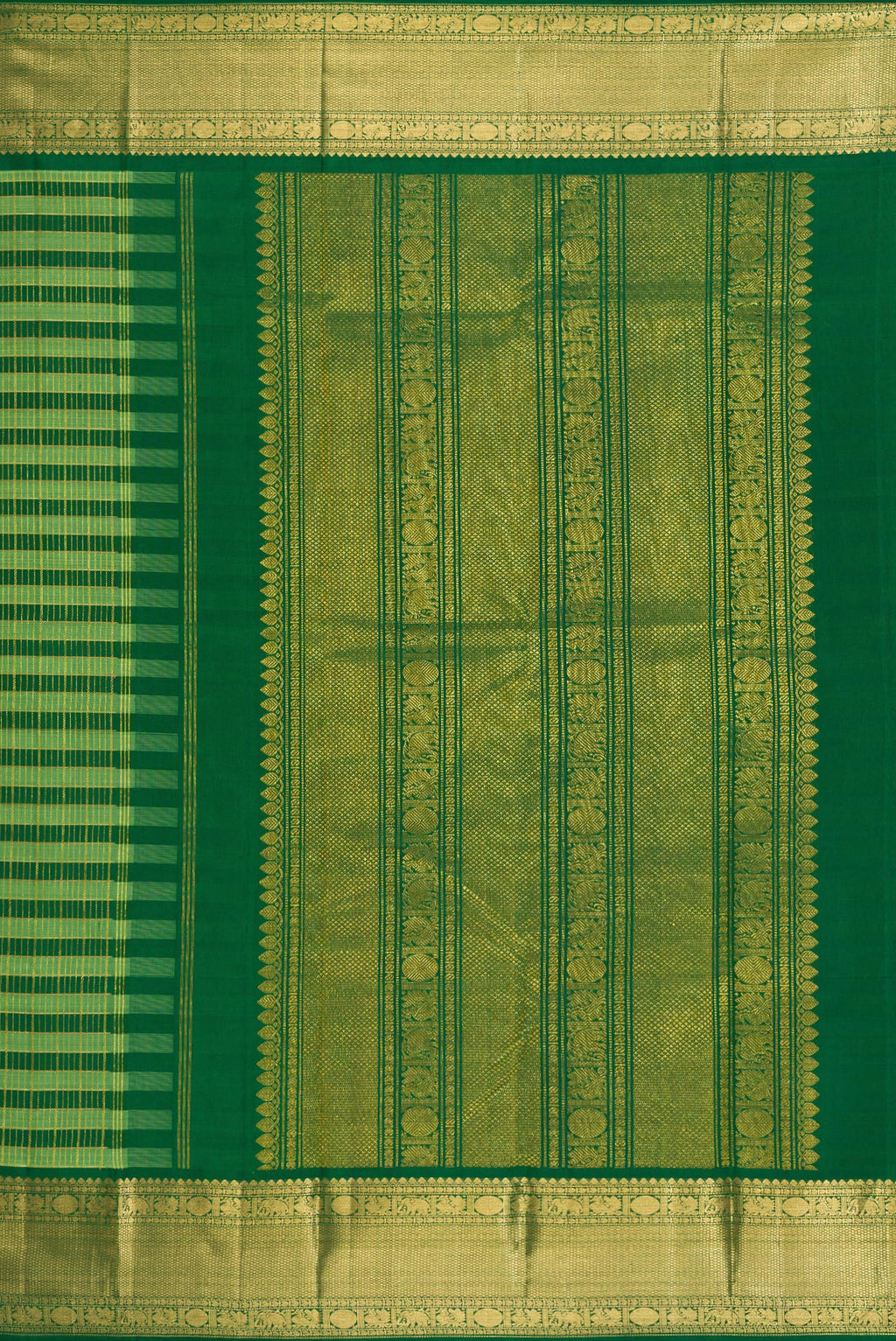 Close up image of the pallu of Green Kanchipuram Silk Saree with Stripes on the body and Zari Border. 