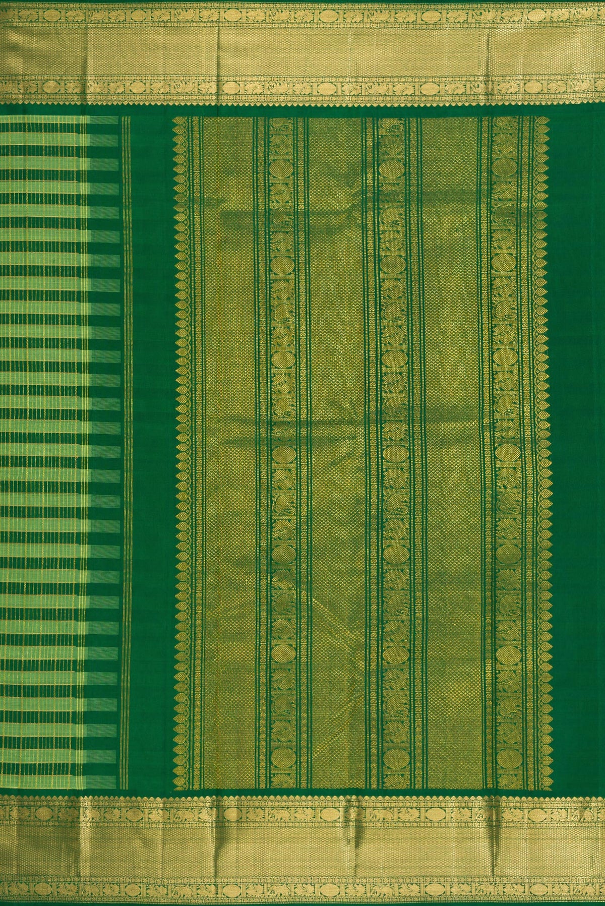 Close up image of the pallu of Green Kanchipuram Silk Saree with Stripes on the body and Zari Border. 
