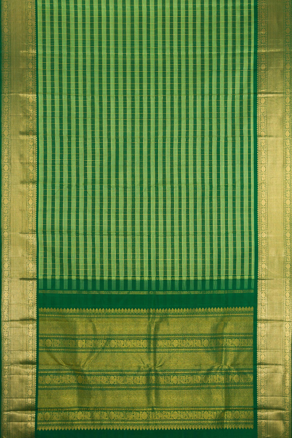 Flat view of Green Kanchipuram Silk Saree with Stripes on the body and Zari Border. 