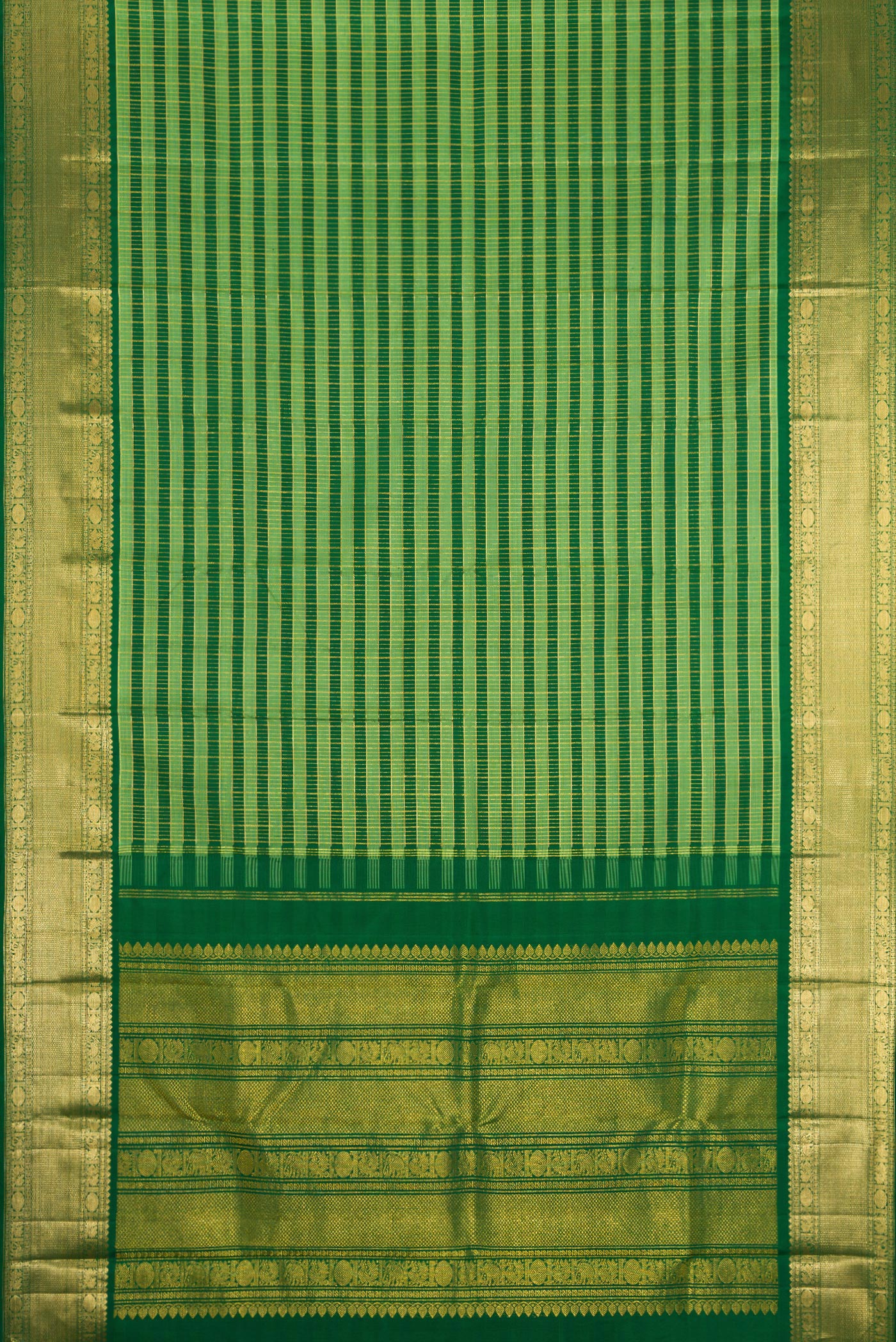 Flat view of Green Kanchipuram Silk Saree with Stripes on the body and Zari Border. 
