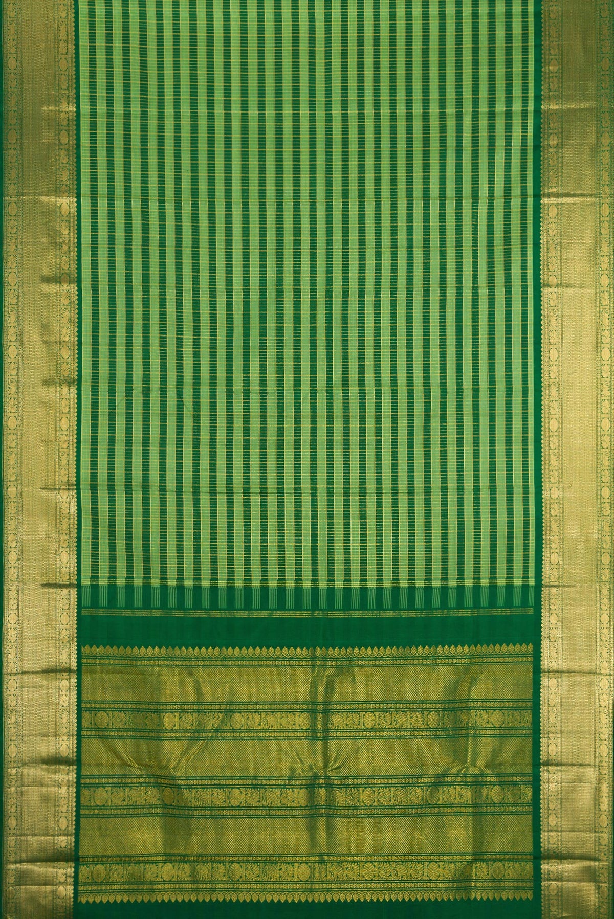 Flat view of Green Kanchipuram Silk Saree with Stripes on the body and Zari Border. 