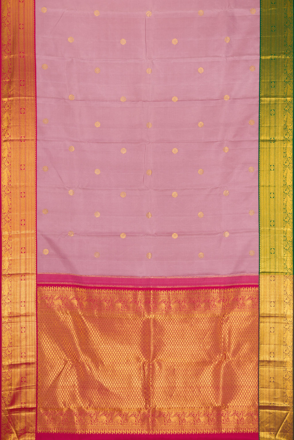 Flat view of Lavender Kanjivaram Silk Saree with Zari Butta on the body and Ganga Jamuna Border. 