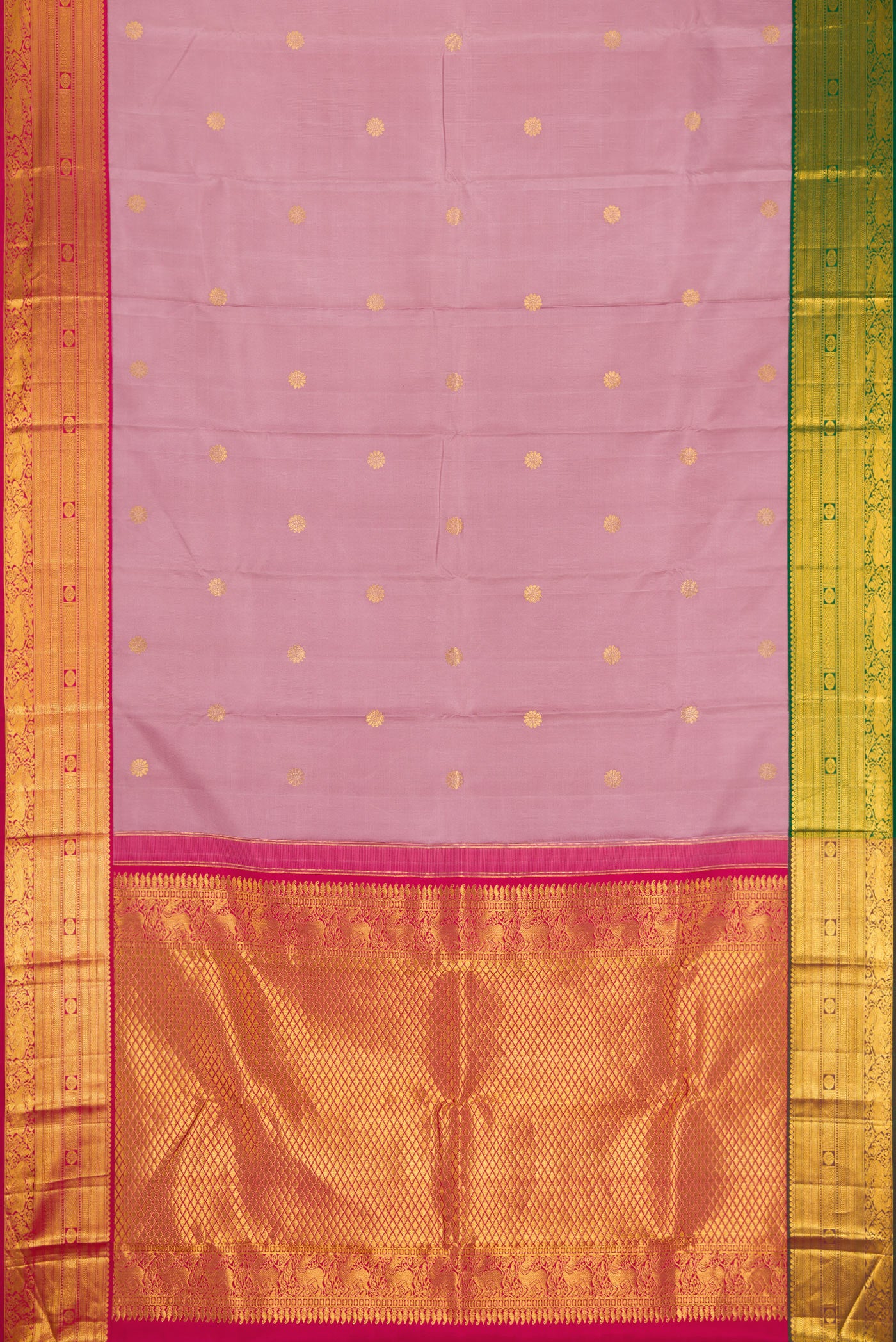 Flat view of Lavender Kanjivaram Silk Saree with Zari Butta on the body and Ganga Jamuna Border. 