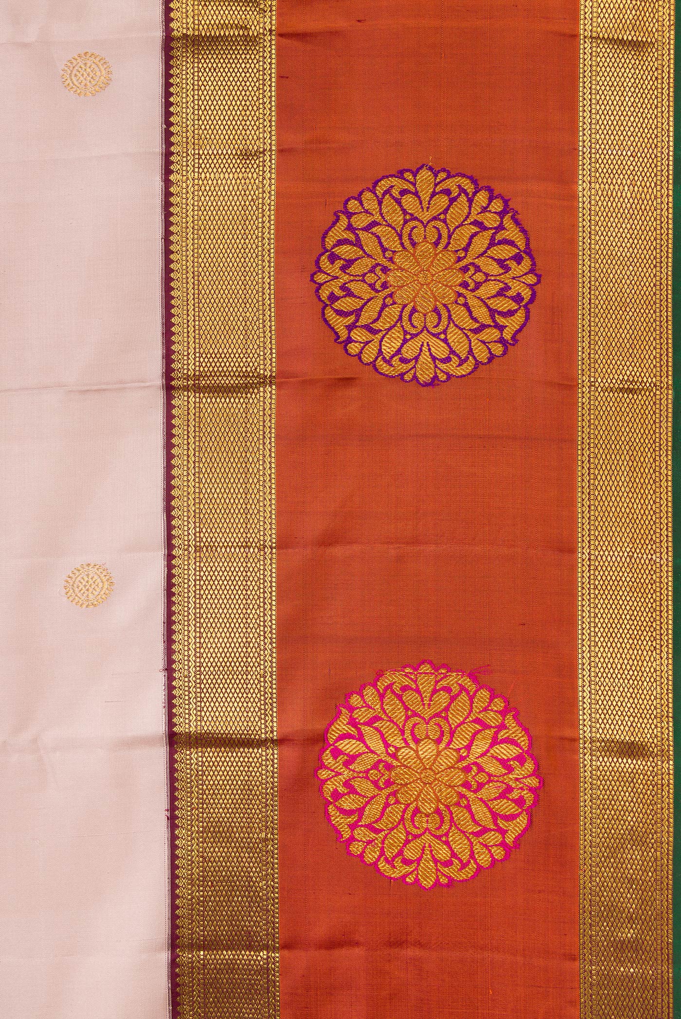 Border image of Rose Gold Dual Tone Kanjivaram Silk Saree with Zari Butta on the body and Fancy Border. 