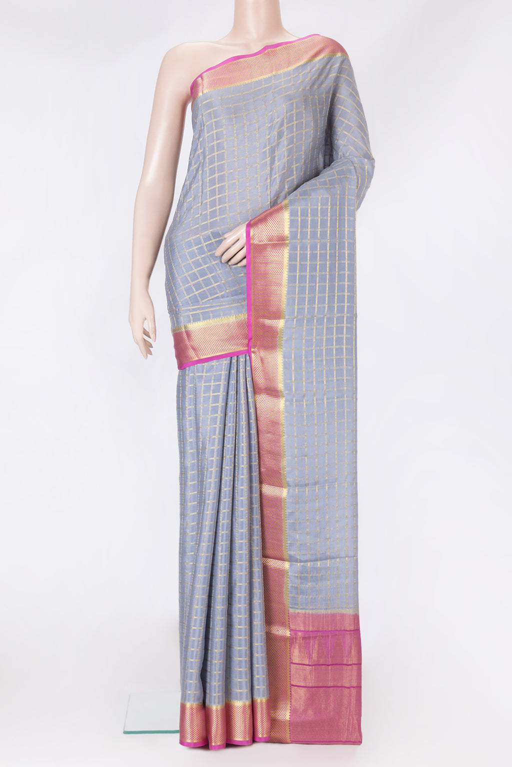 Grey Dual Tone Mysore Silk Saree with Checked design on the body and Zari Border.  displayed on a mannequin