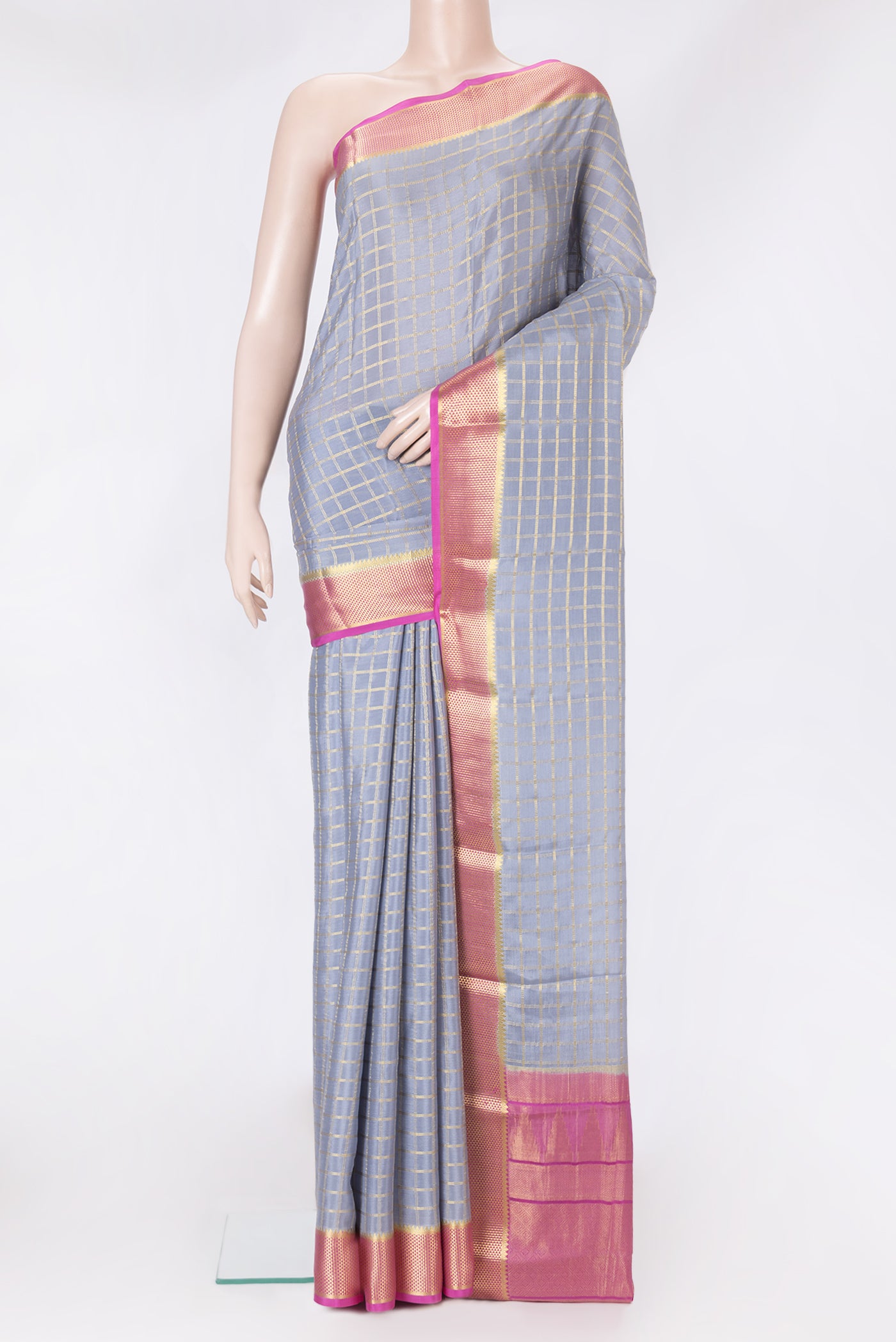 Grey Dual Tone Mysore Silk Saree with Checked design on the body and Zari Border.  displayed on a mannequin