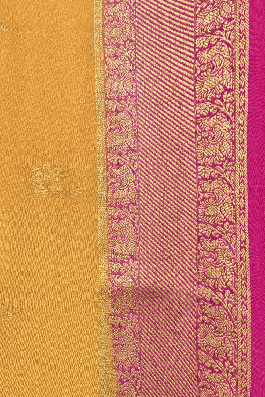 Border image of Mustard Dual Tone Mysore Silk Saree with Zari Butta on the body and Zari Border. 