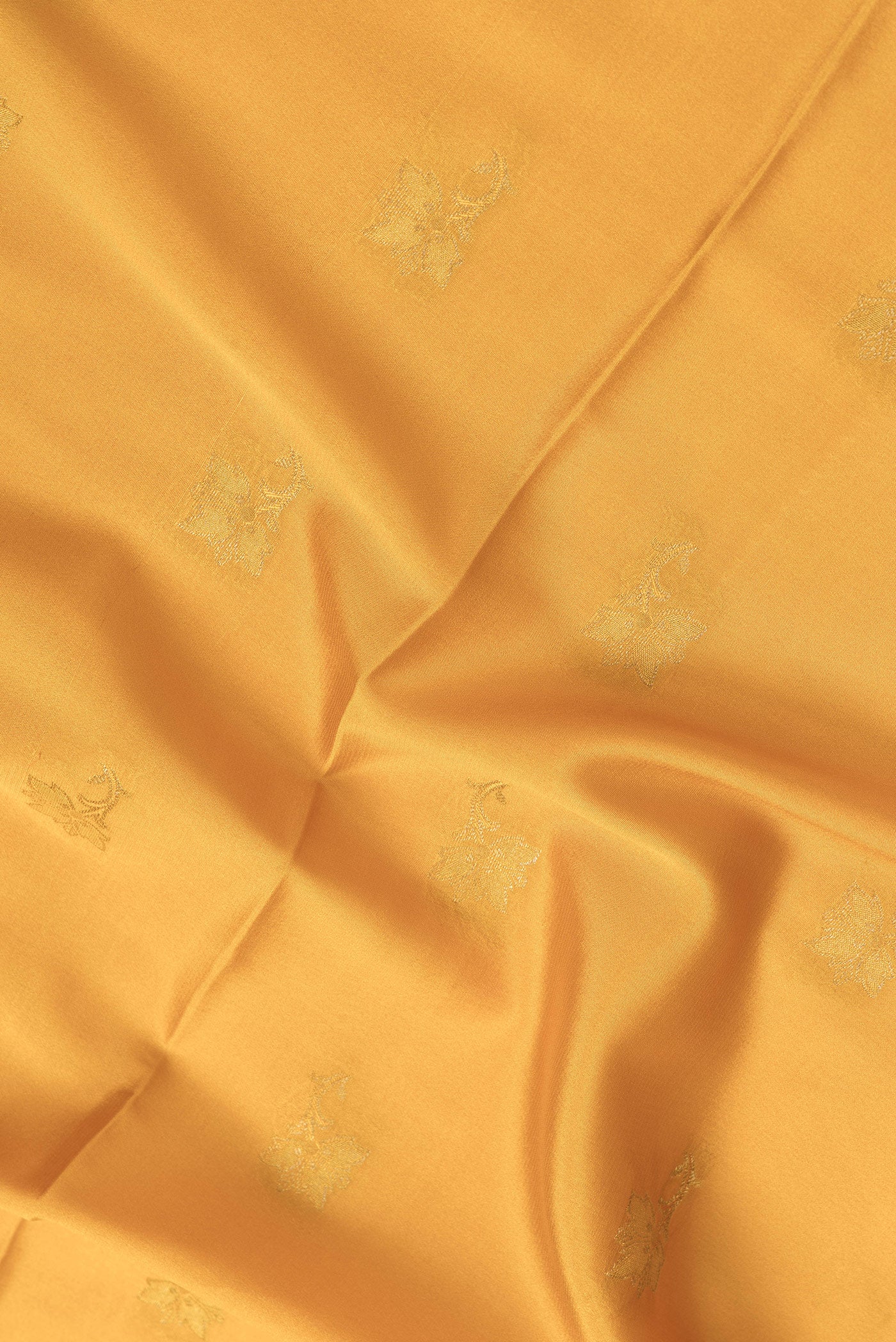 Close up of Mustard Dual Tone Mysore Silk Saree with Zari Butta on the body and Zari Border.  displaying folds