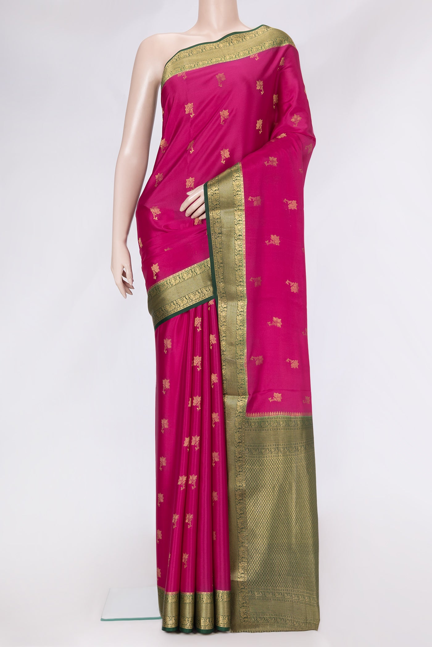 Magenta Dual Tone Mysore Silk Saree with Zari Butta on the body and Zari Border.  displayed on a mannequin