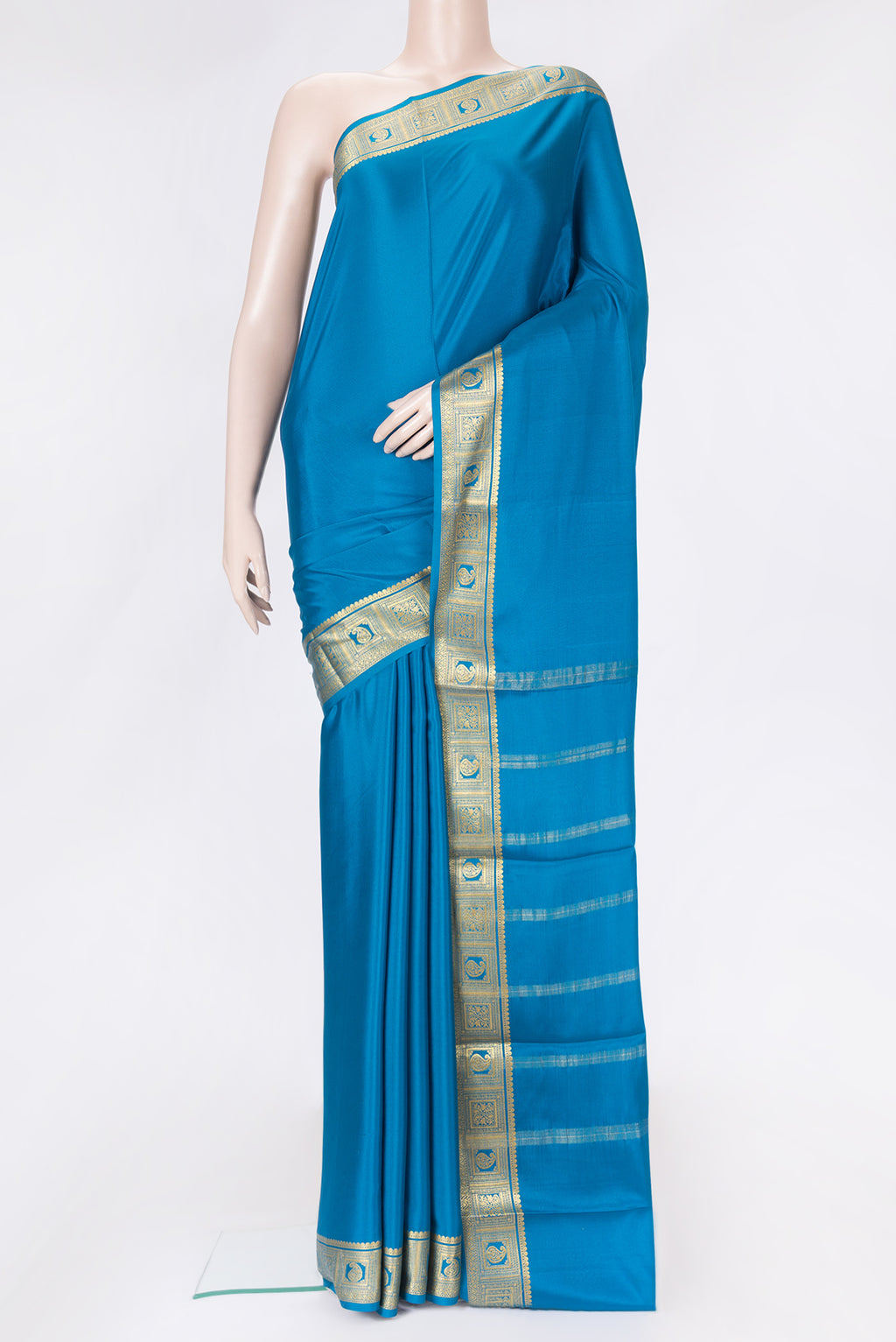 Sky Blue Dual Tone Mysore Silk Saree with Plain Body and Zari Border.  displayed on a mannequin