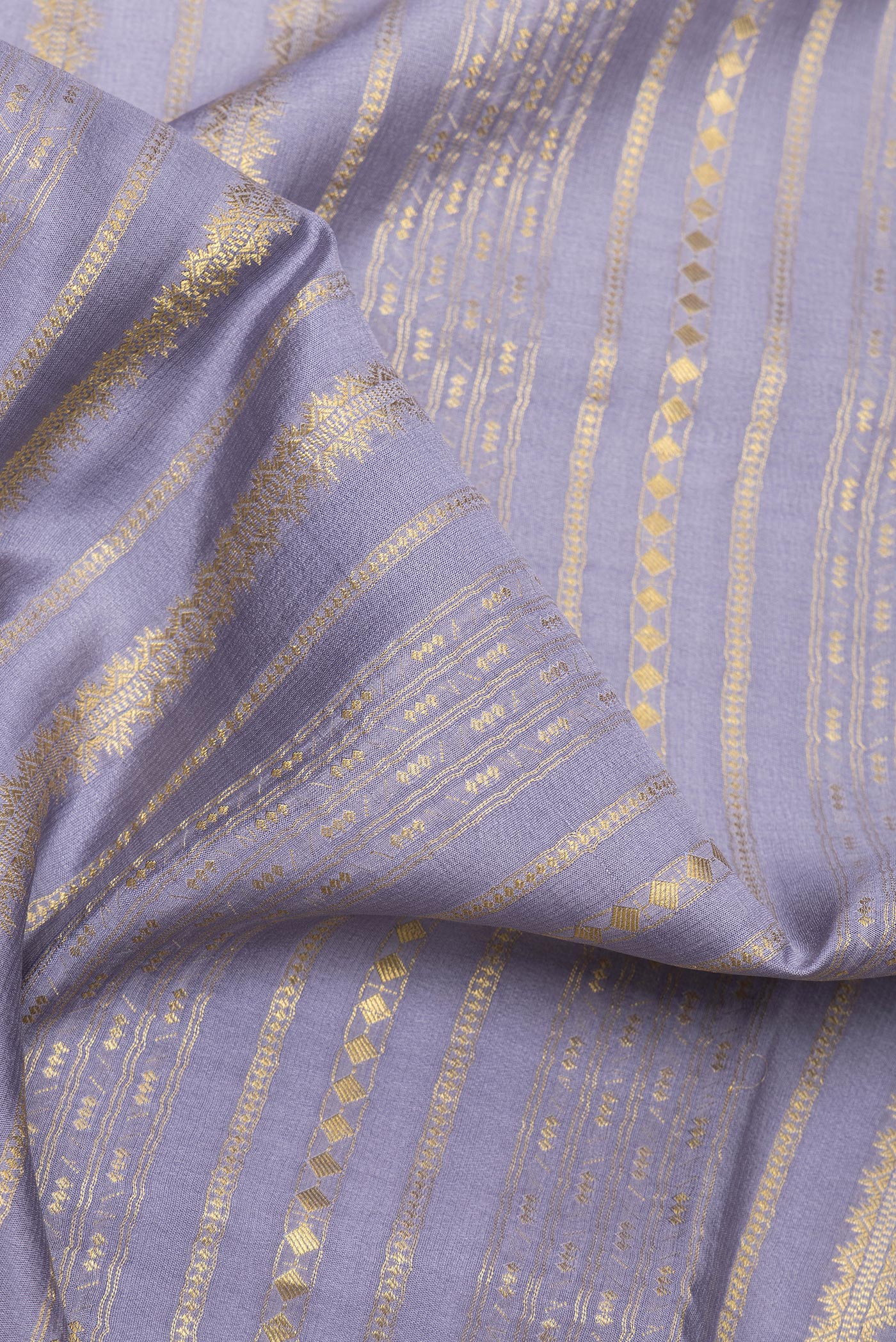 Close up of Grey Mysore Silk Saree with Stripes on the body and Without Border.  displaying folds