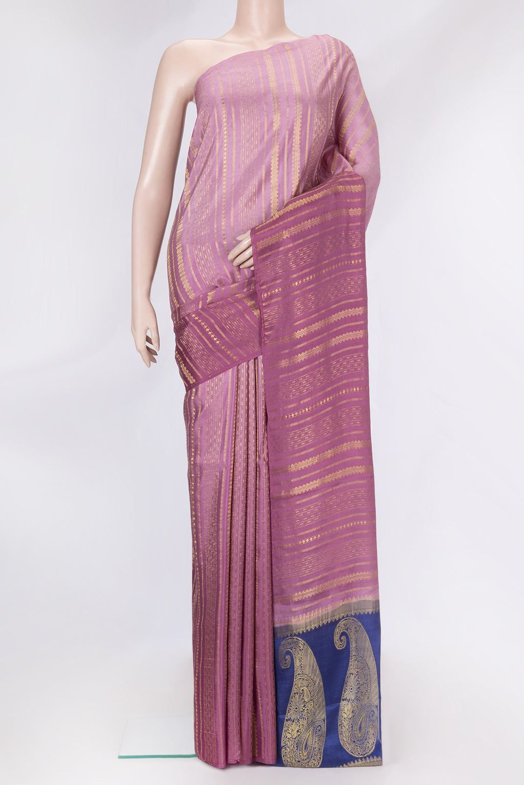 Pink Dual Tone Mysore Silk Saree with Stripes on the body and Without Border.  displayed on a mannequin