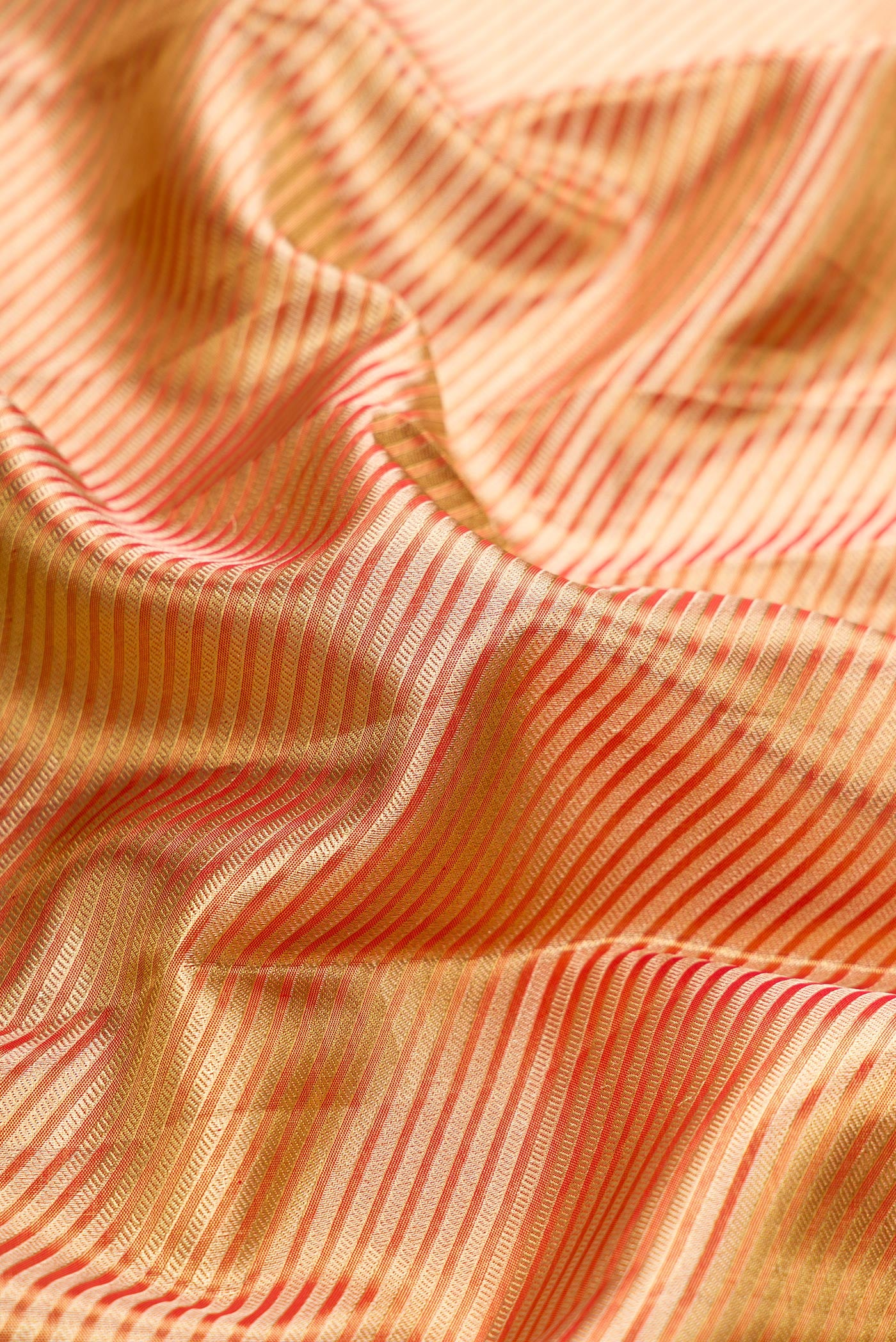 Close up of Golden Peach Dual Tone Kanchipuram Tissue Silk Saree with Zari Brocade on the body and Zari Border.  displaying folds