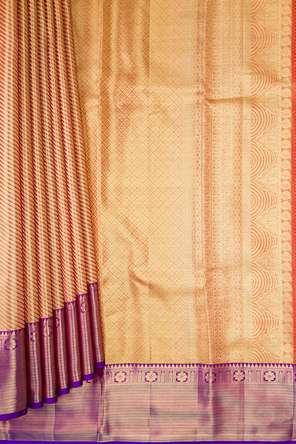 Pleats and pallu of Golden Peach Dual Tone Kanchipuram Tissue Silk Saree with Zari Brocade on the body and Zari Border. 