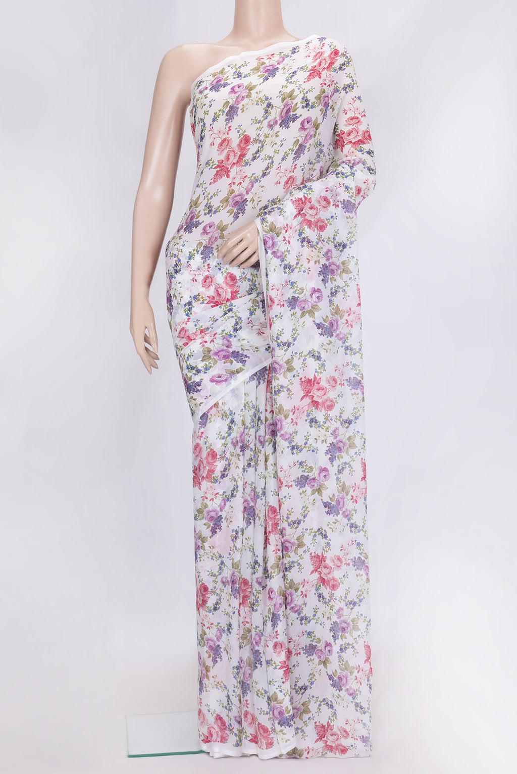 Off White Dual Tone Mysore Chiffon Saree with Printed design on the body and Without Border.  displayed on a mannequin