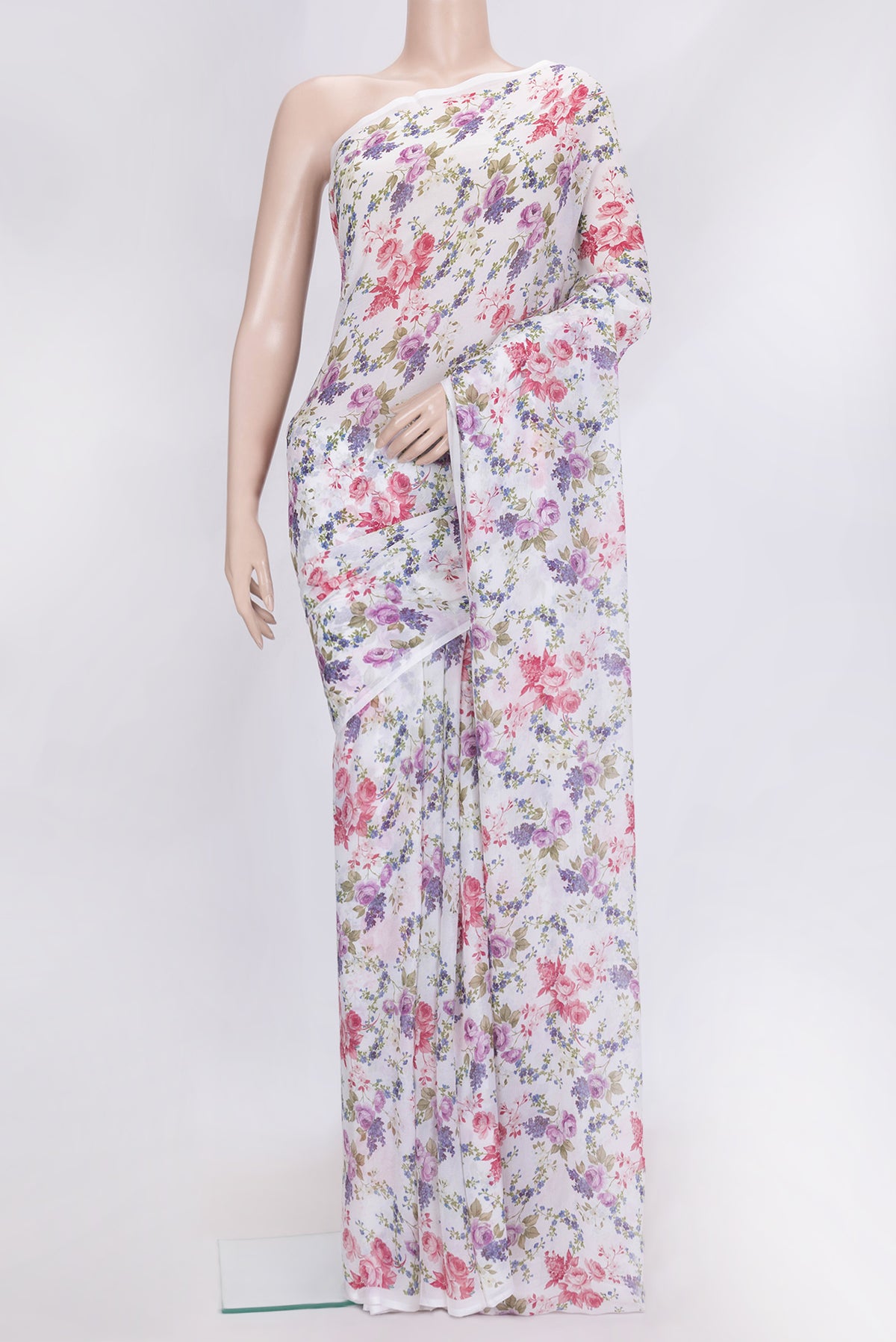 Off White Dual Tone Mysore Chiffon Saree with Printed design on the body and Without Border.  displayed on a mannequin