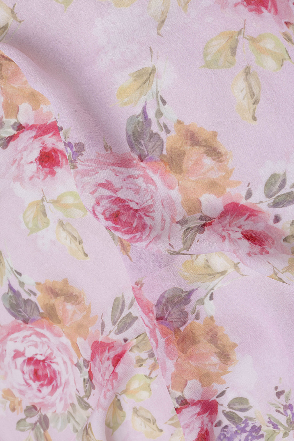 Close up of Lilac Dual Tone Mysore Chiffon Saree with Printed design on the body and Without Border.  displaying folds