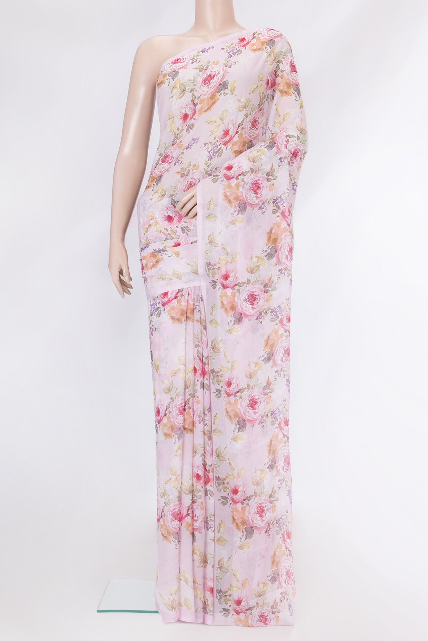 Lilac Dual Tone Mysore Chiffon Saree with Printed design on the body and Without Border.  displayed on a mannequin