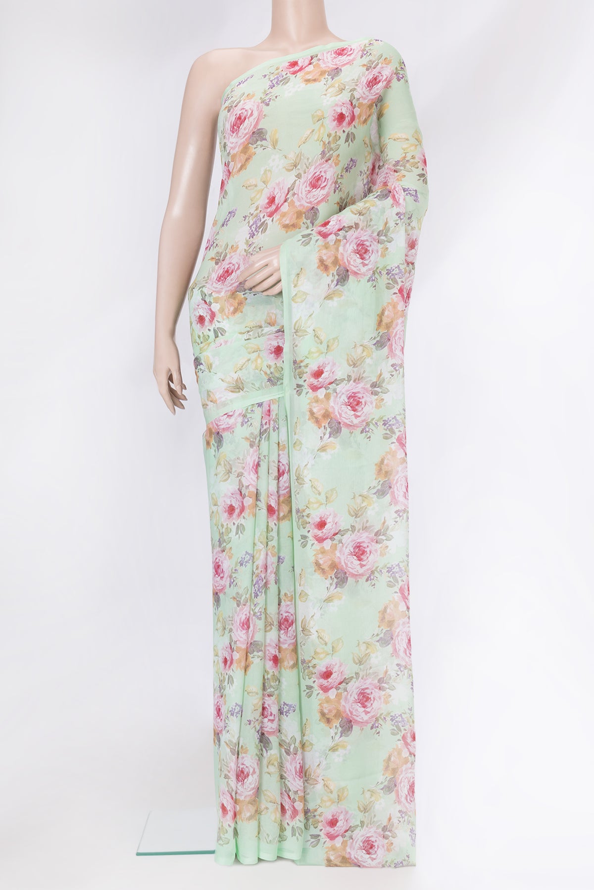 Pista Green Dual Tone Mysore Chiffon Saree with Printed design on the body and Without Border.  displayed on a mannequin