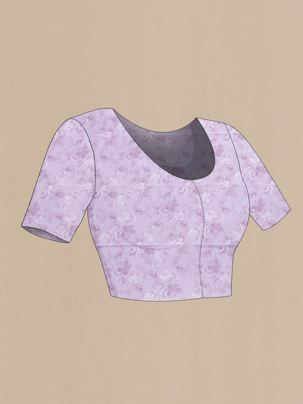Close up image of the blouse of Lavender Dual Tone Mysore Chiffon Saree with Printed design on the body and Without Border. 