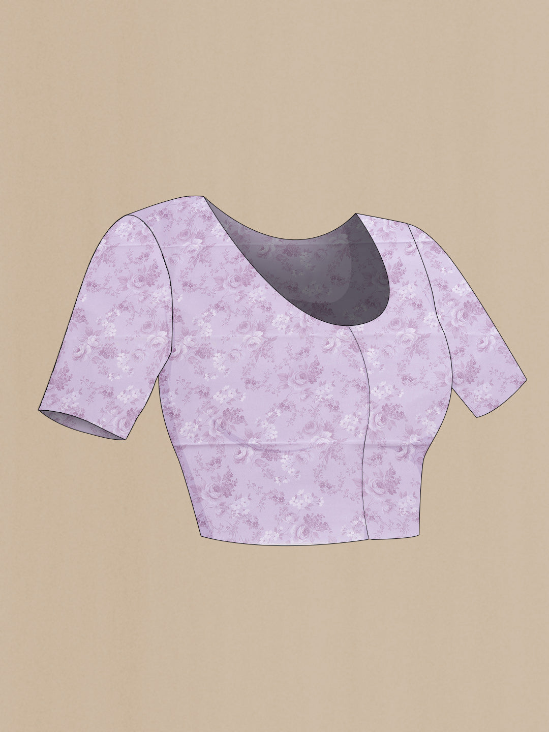 Close up image of the blouse of Lavender Dual Tone Mysore Chiffon Saree with Printed design on the body and Without Border. 
