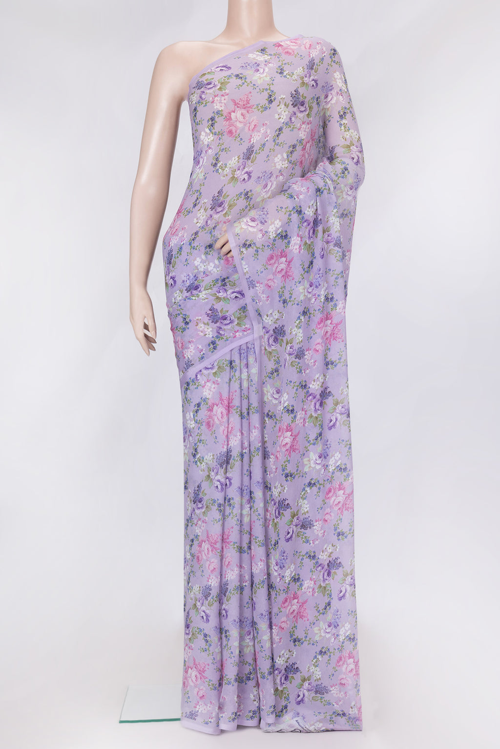 Lavender Dual Tone Mysore Chiffon Saree with Printed design on the body and Without Border.  displayed on a mannequin