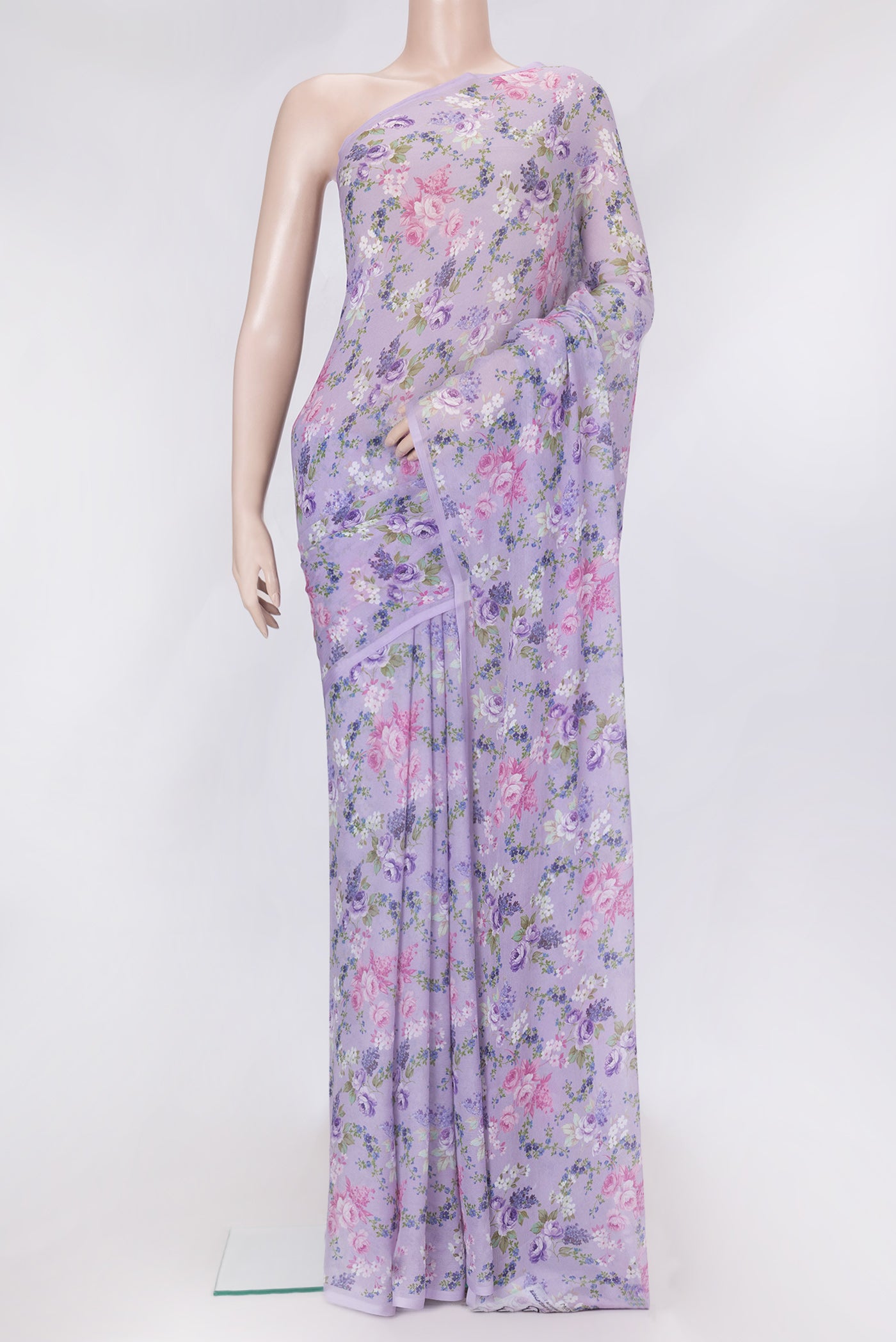 Lavender Dual Tone Mysore Chiffon Saree with Printed design on the body and Without Border.  displayed on a mannequin