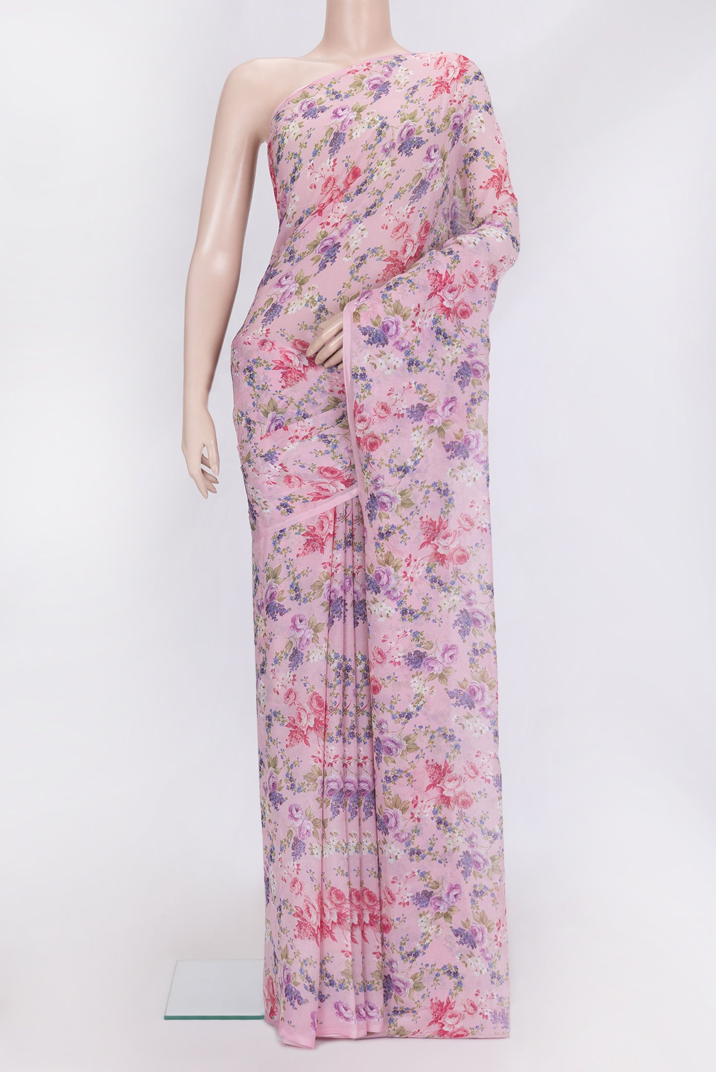 Pink Dual Tone Mysore Chiffon Saree with Printed design on the body and Without Border.  displayed on a mannequin