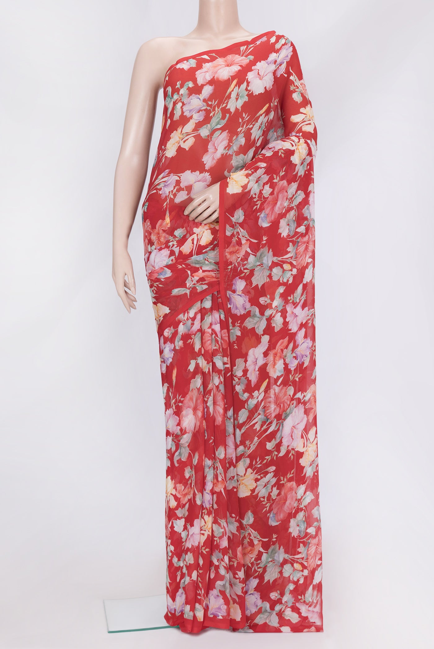 Red Dual Tone Mysore Chiffon Saree with Printed design on the body and Without Border.  displayed on a mannequin
