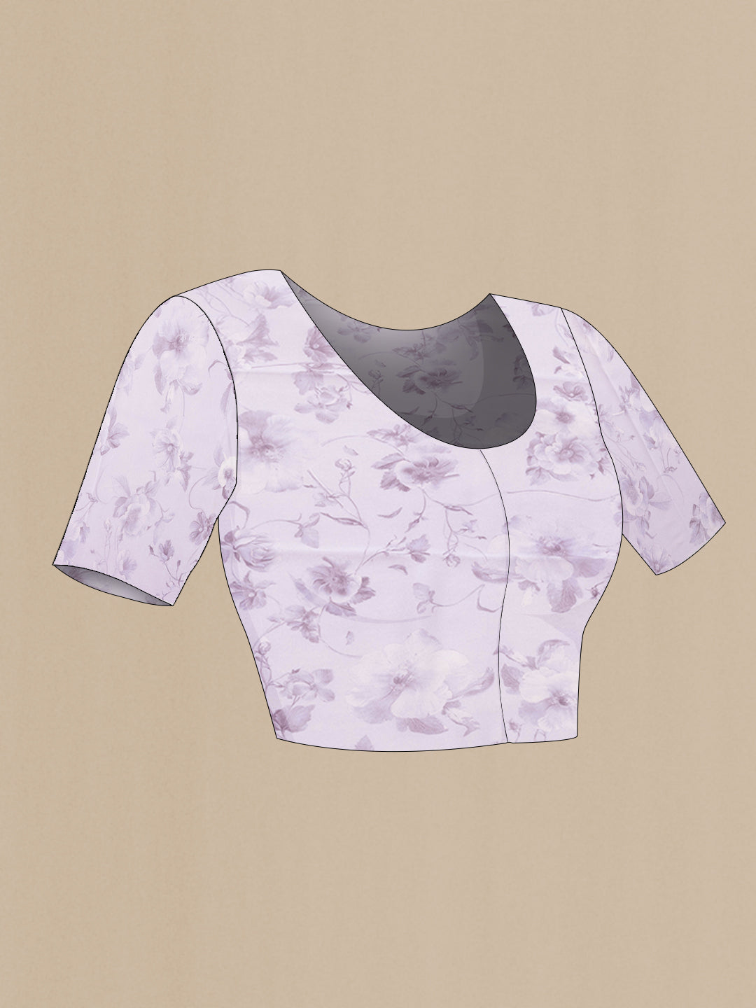 Close up image of the blouse of Lavender Mysore Chiffon Saree with Printed design on the body and Without Border. 