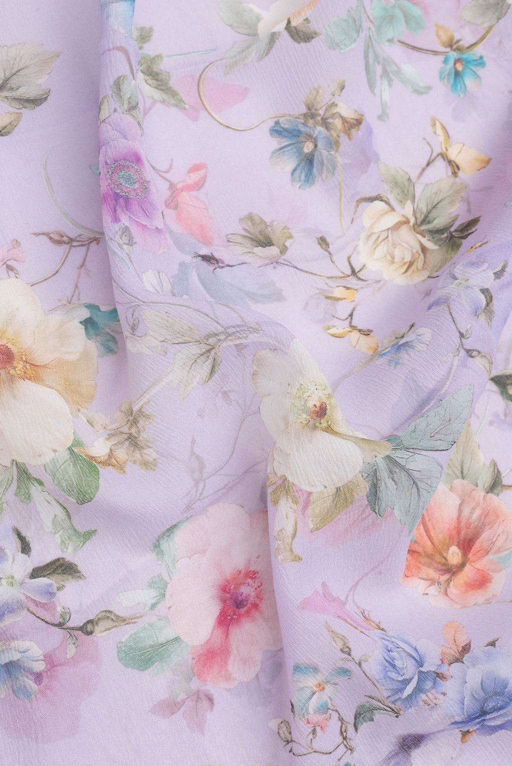 Close up of Lavender Mysore Chiffon Saree with Printed design on the body and Without Border.  displaying folds