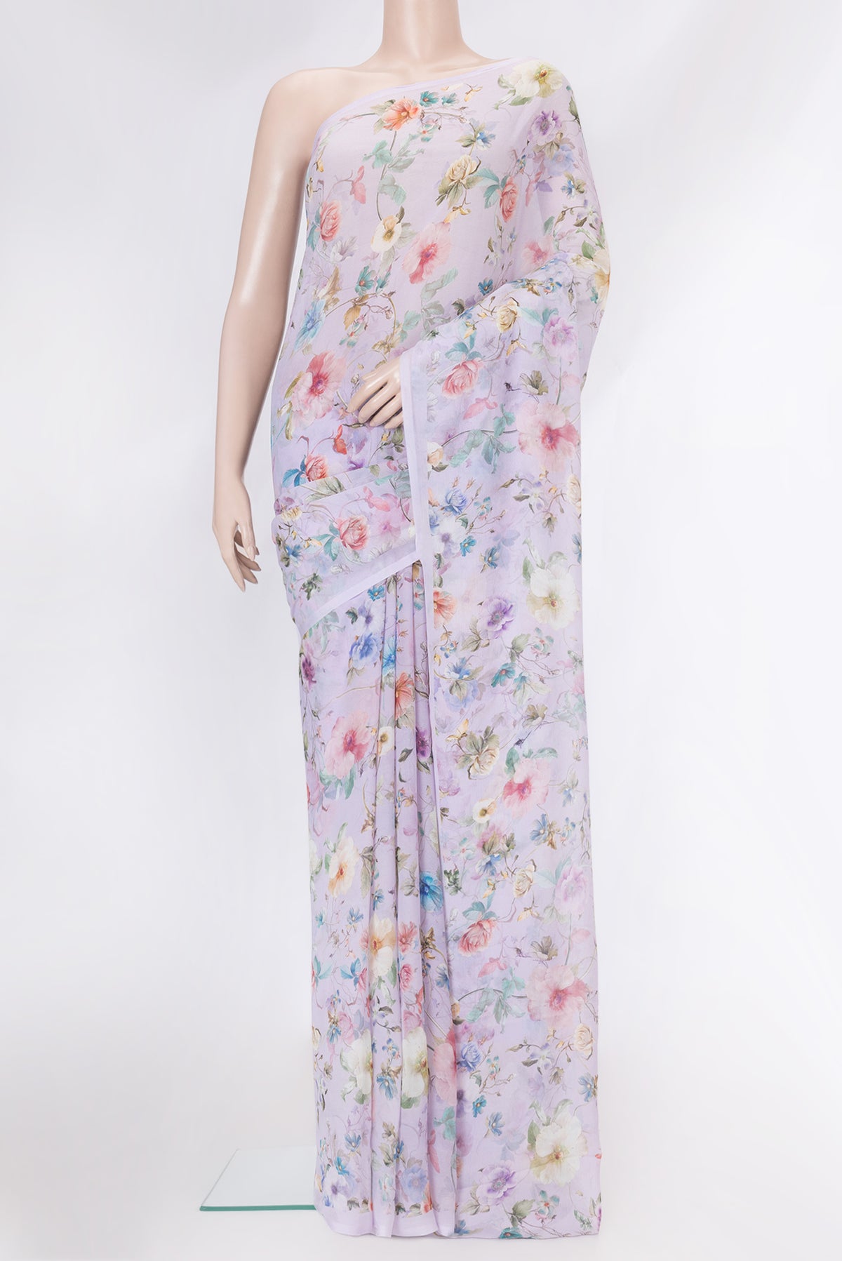 Lavender Mysore Chiffon Saree with Printed design on the body and Without Border.  displayed on a mannequin