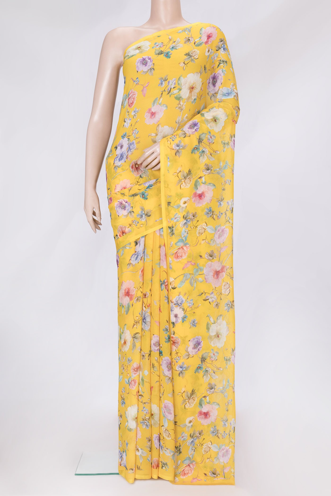 Yellow Dual Tone Mysore Chiffon Saree with Printed design on the body and Without Border.  displayed on a mannequin