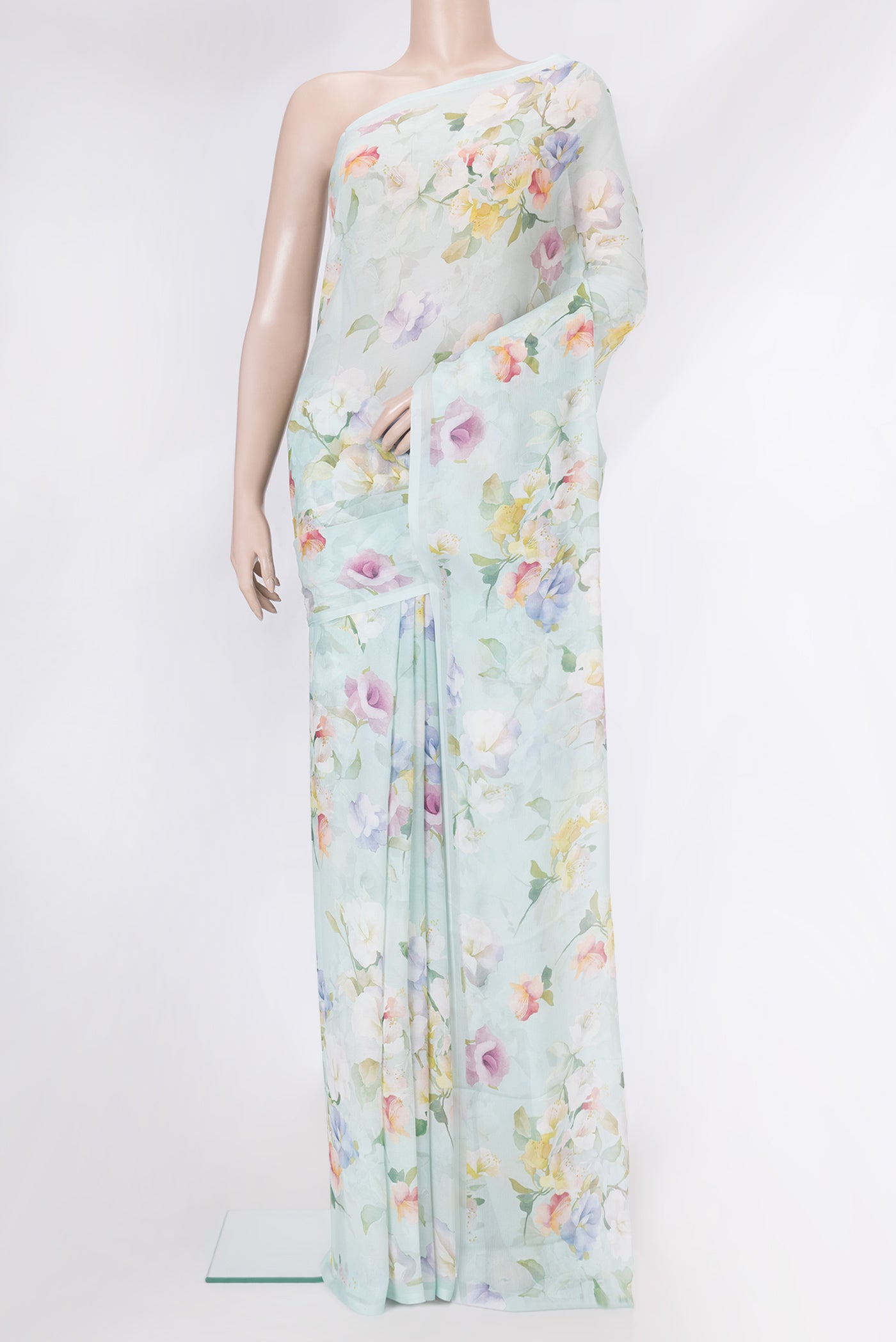 Sea Green Dual Tone Mysore Chiffon Saree with Printed design on the body and Without Border.  displayed on a mannequin