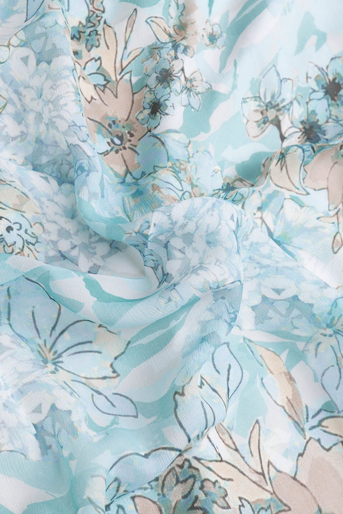 Close up of Sea Green Dual Tone Mysore Chiffon Saree with Printed design on the body and Without Border.  displaying folds