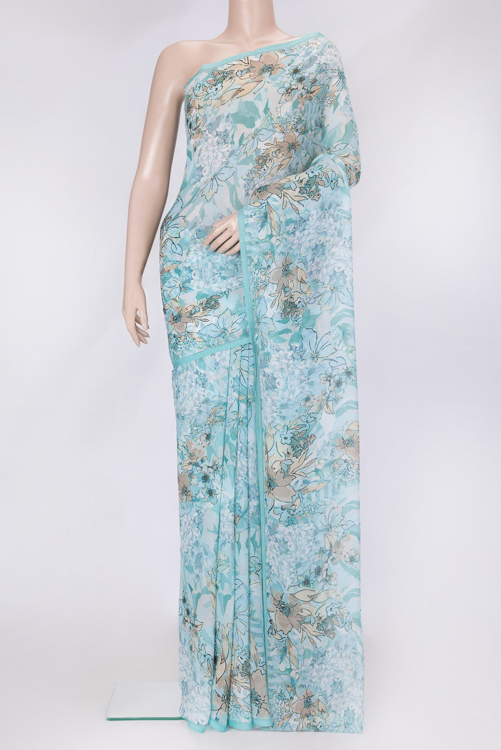 Sea Green Dual Tone Mysore Chiffon Saree with Printed design on the body and Without Border.  displayed on a mannequin