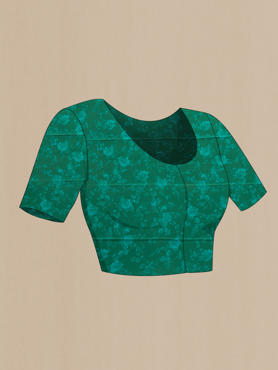 Close up image of the blouse of Green Dual Tone Mysore Chiffon Saree with Printed design on the body and Without Border. 