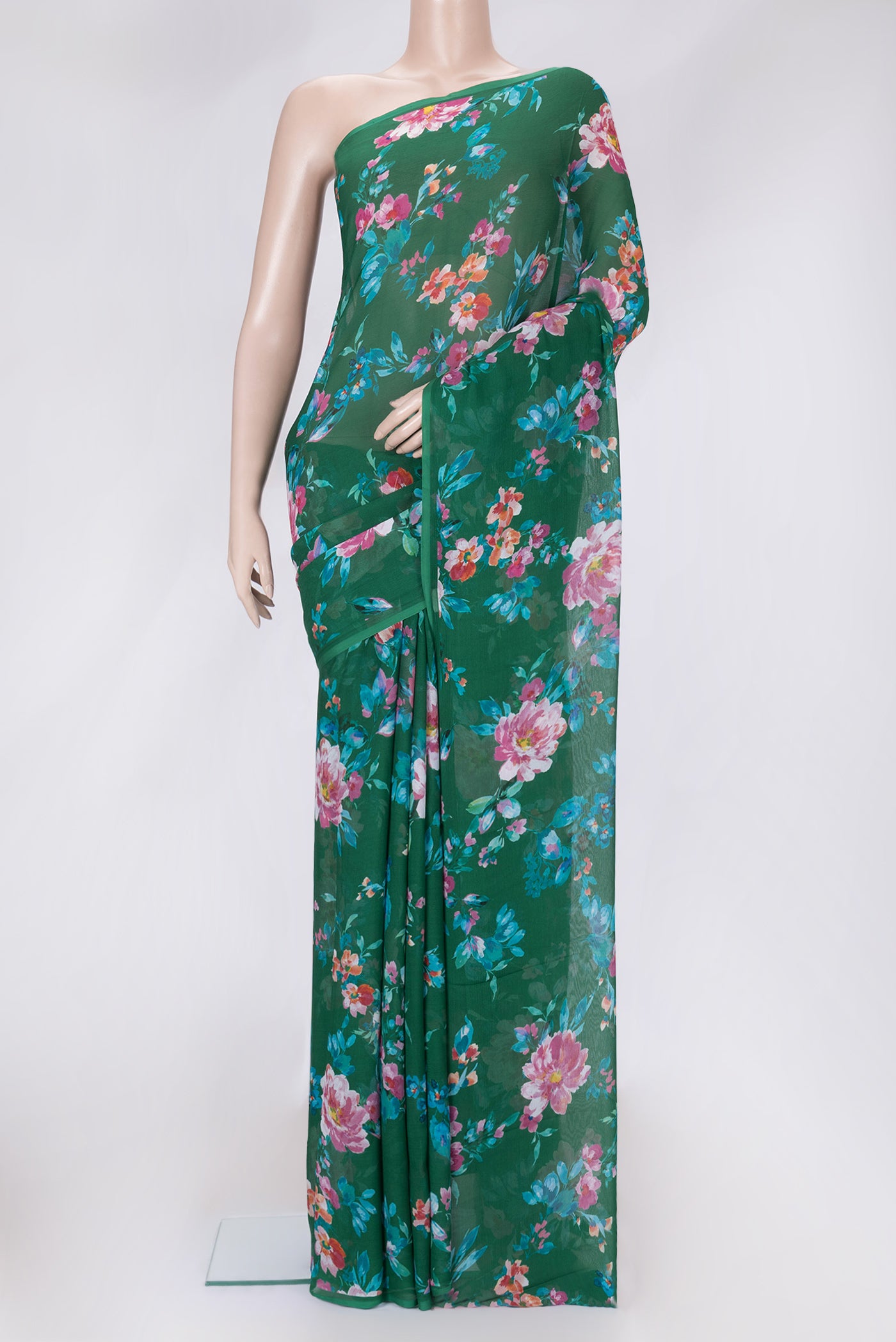 Green Dual Tone Mysore Chiffon Saree with Printed design on the body and Without Border.  displayed on a mannequin