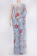 Light Blue Dual Tone Mysore Chiffon Saree with Printed design on the body and Without Border.  displayed on a mannequin