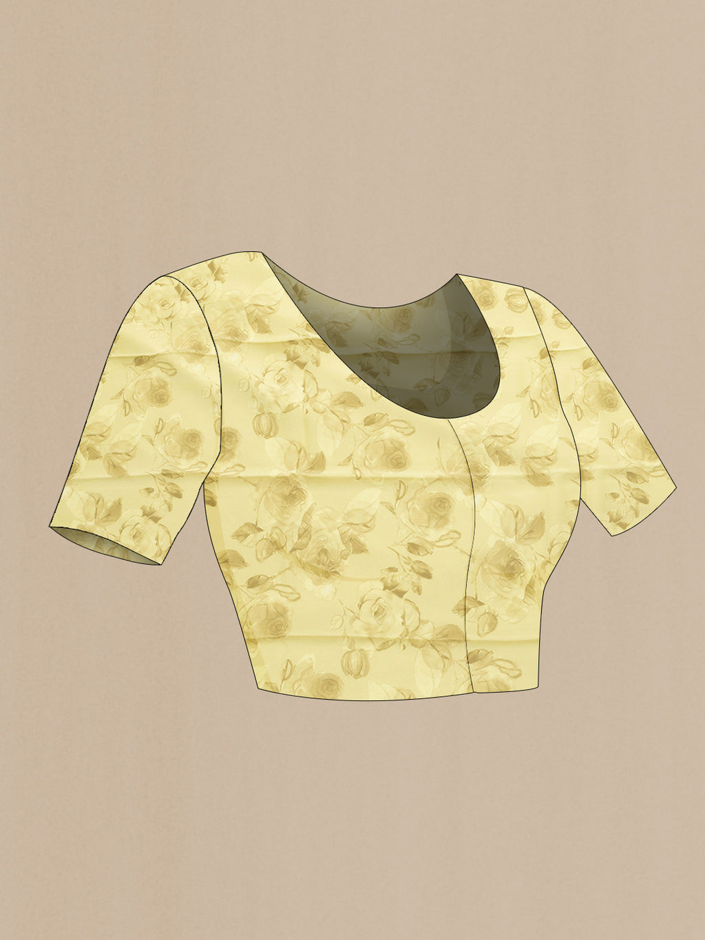 Close up image of the blouse of Lemon Yellow Dual Tone Mysore Chiffon Saree with Printed design on the body and Without Border. 