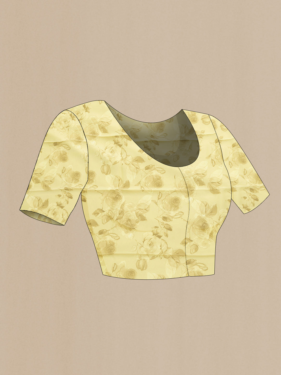 Close up image of the blouse of Lemon Yellow Dual Tone Mysore Chiffon Saree with Printed design on the body and Without Border. 