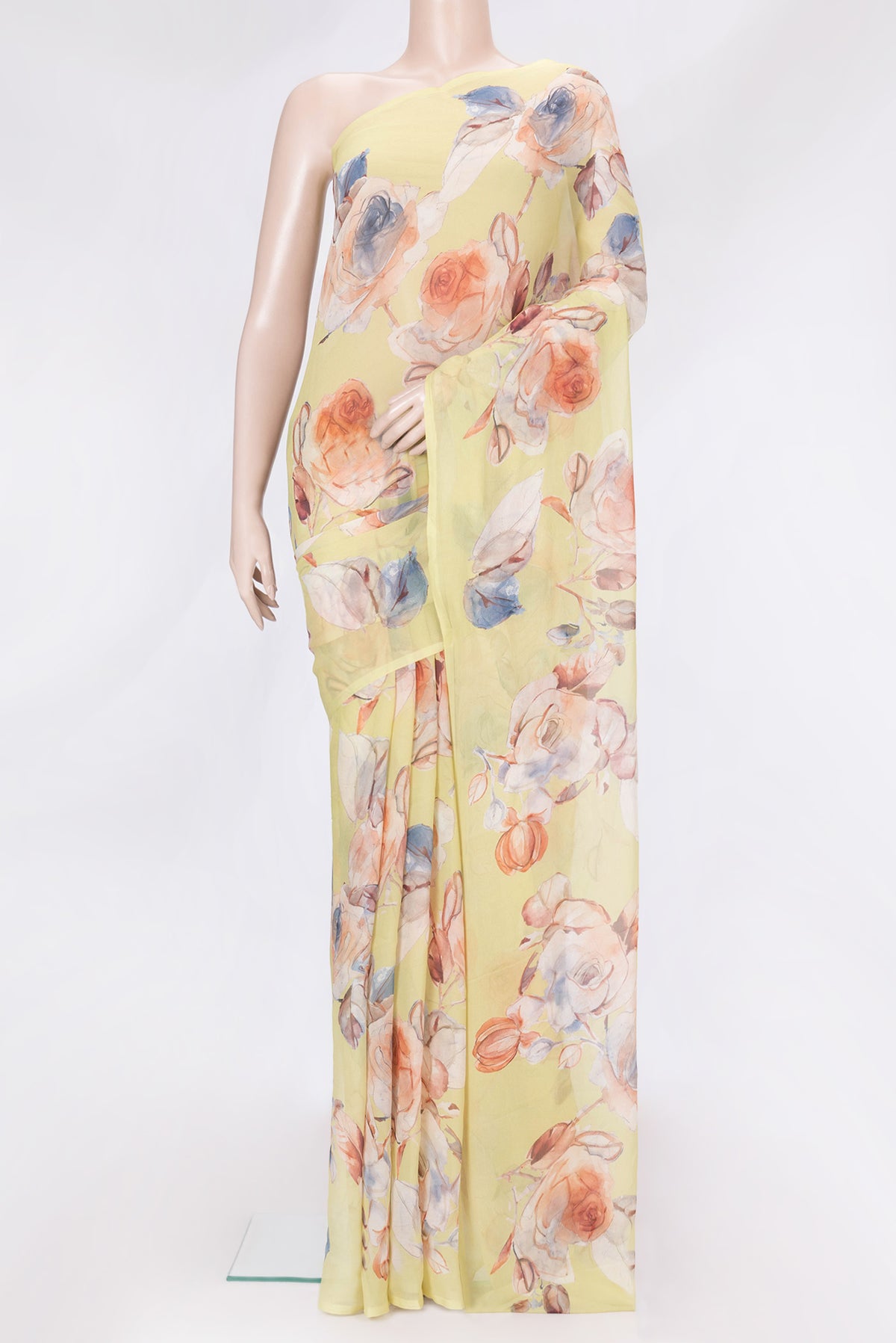 Lemon Yellow Dual Tone Mysore Chiffon Saree with Printed design on the body and Without Border.  displayed on a mannequin