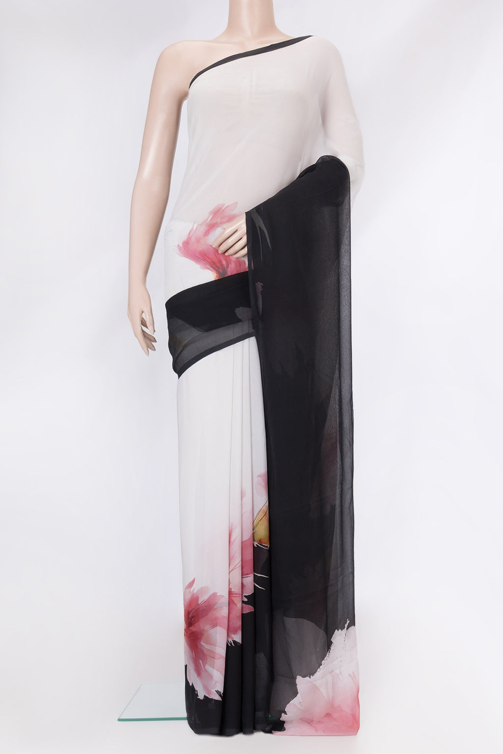 White Dual Tone Mysore Chiffon Saree with Printed design on the body and Without Border.  displayed on a mannequin